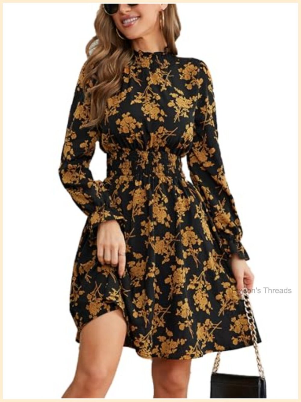 Floral Print Long Sleeve Smocked Tie Neck Mini Skater Dress